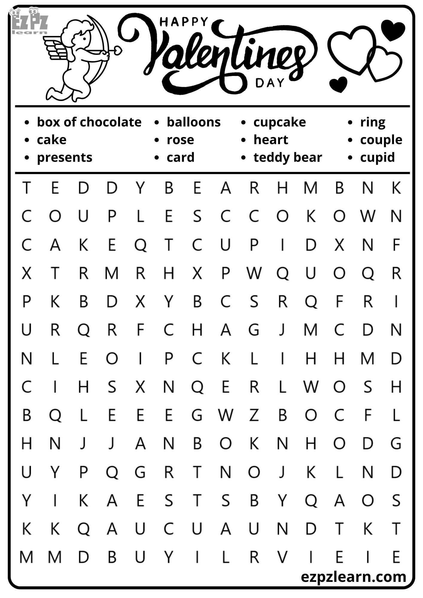 Valentine's Holiday Vocabulary Word Search for Kids and ESL Students Free Printable PDF Download 